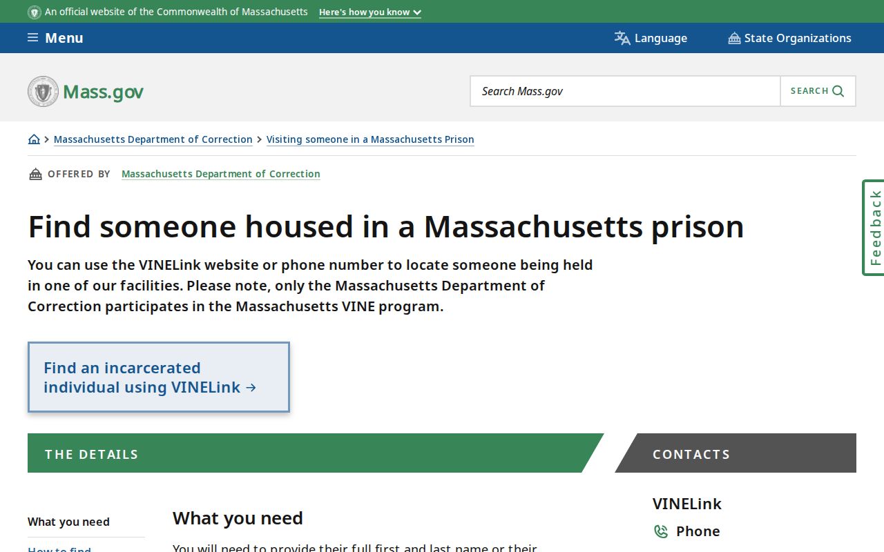 Methuen residents directory Massachusetts DOC and VINELink guidance