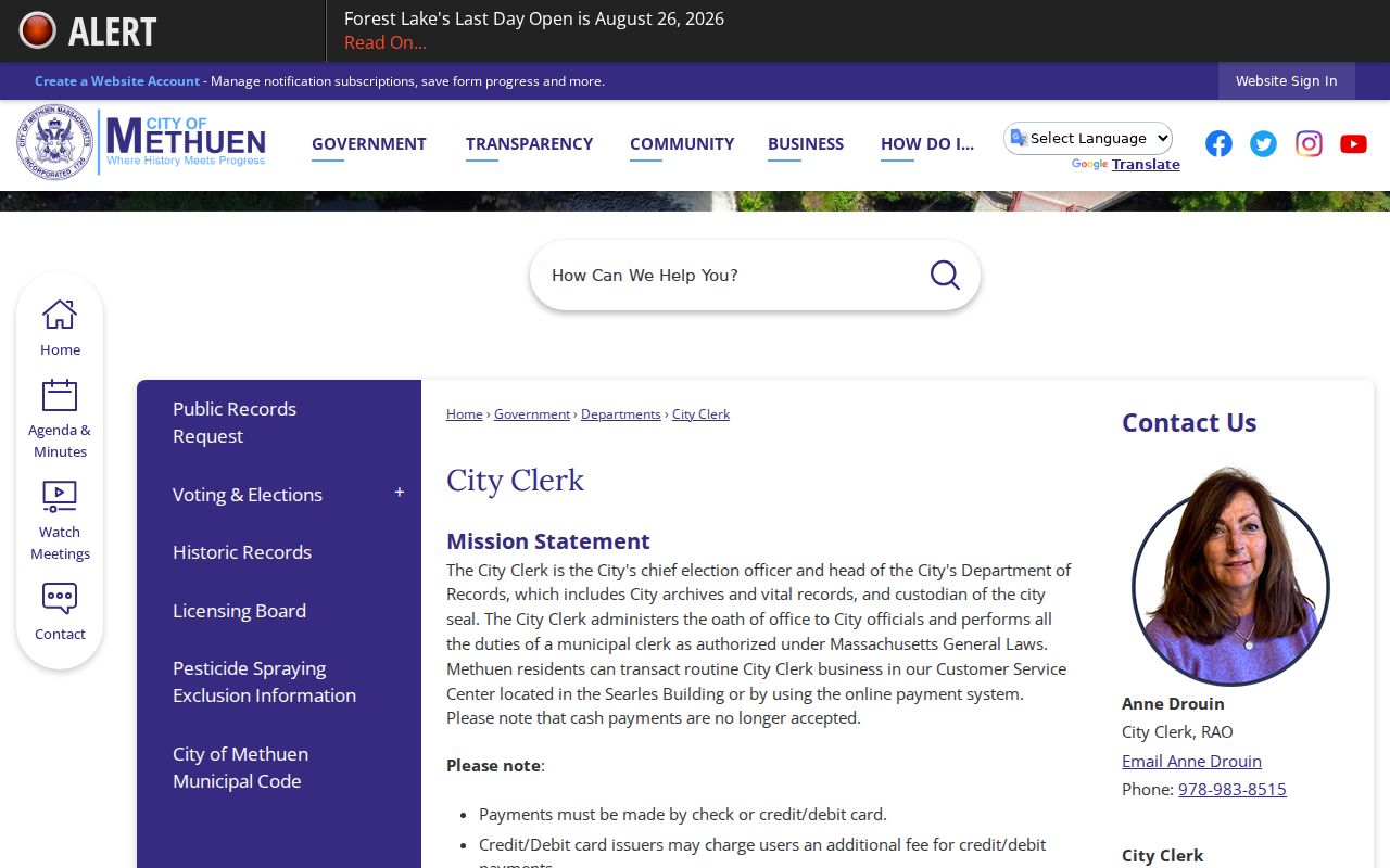 Methuen residents directory City Clerk records and elections source