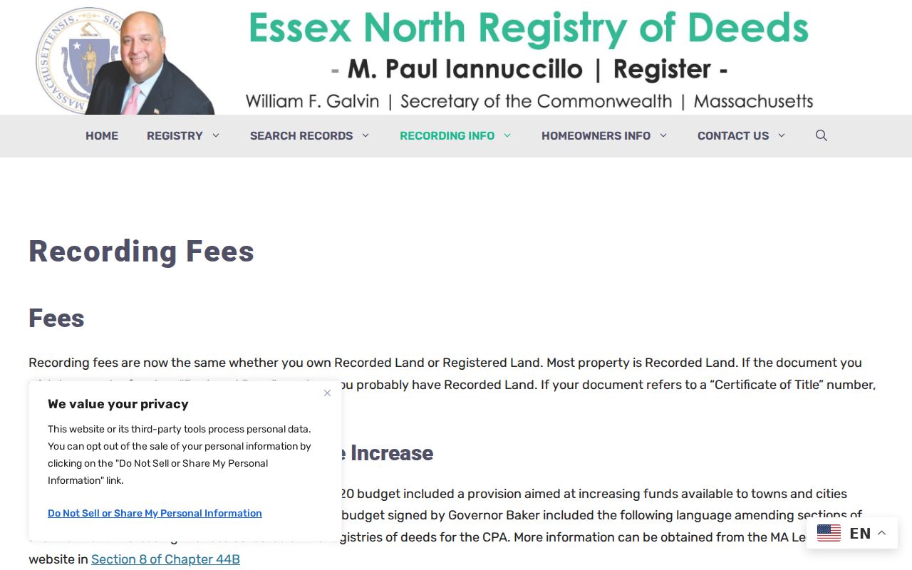 Methuen street directory Northern Essex Registry recording fee schedule